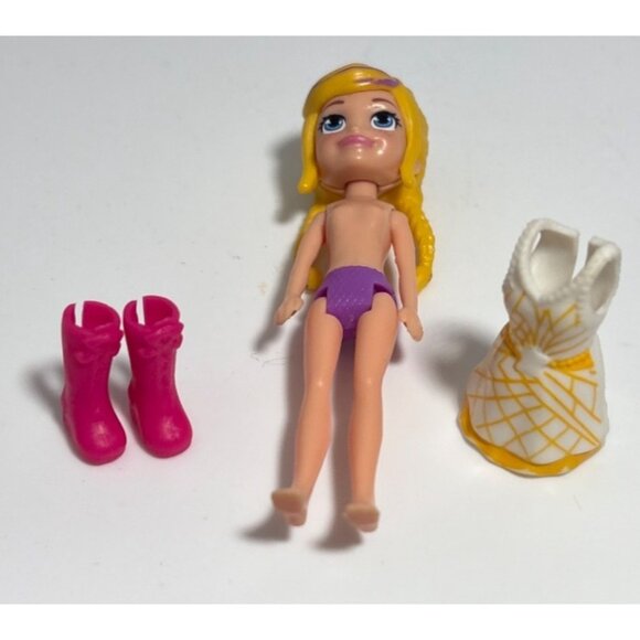 Polly Pocket Mini Doll Yellow Braided Hair White Yellow Dress Pink Boots 3.5" - Picture 7 of 9